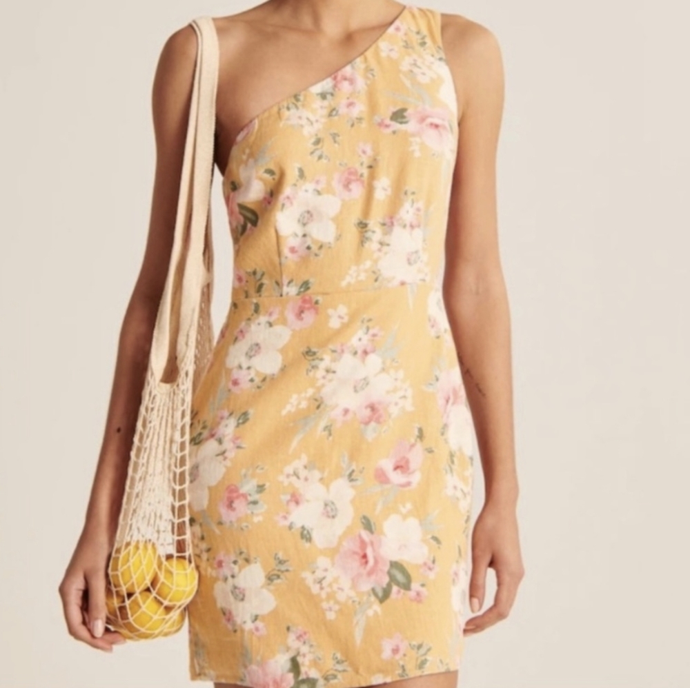 Yellow floral linen one shoulder dress XXSP